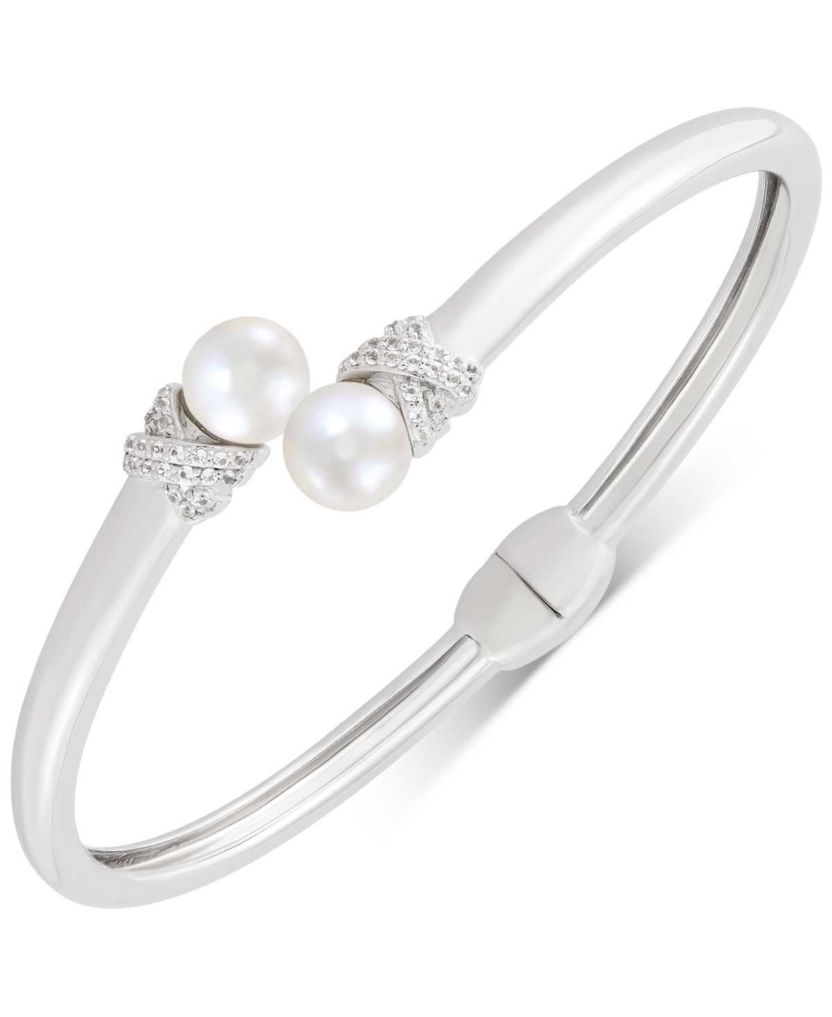 Macy's Cultured Freshwater Pearl (7-1/2mm) & Lab-created White Sapphire (1/4 Ct. T.w.) Bypass Bangle Bracel In Silver