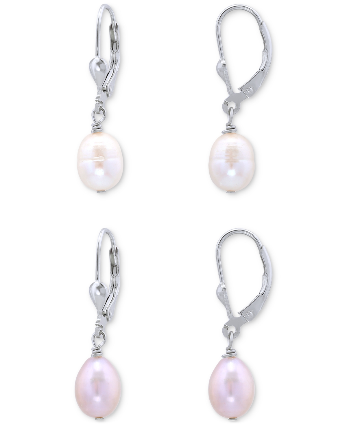 Macy's 2-pc. Set White & Dyed Pink Cultured Freshwater Oval Pearl (10 X 8mm) Leverback Drop Earrings In Silver