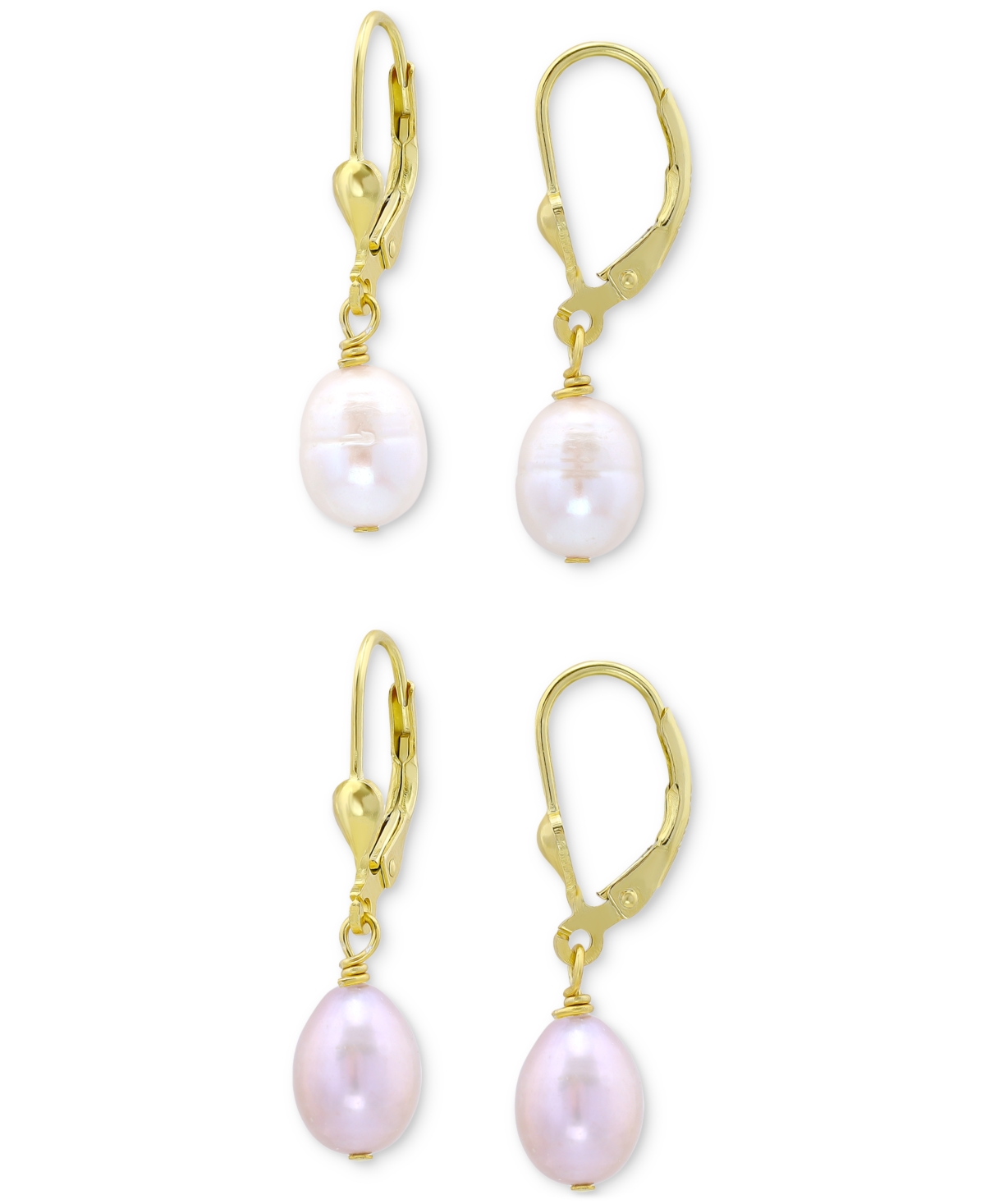 2-Pc. Set White & Dyed Pink Cultured Freshwater Oval Pearl (10 x 8mm) Leverback Drop Earrings - Gold Over Silver