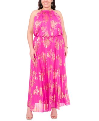 MSK - Plus Size Pleated Printed Chiffon Halter Dress