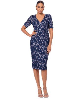 XSCAPE - Women's V-Neck Short-Sleeve Lace Midi Dress