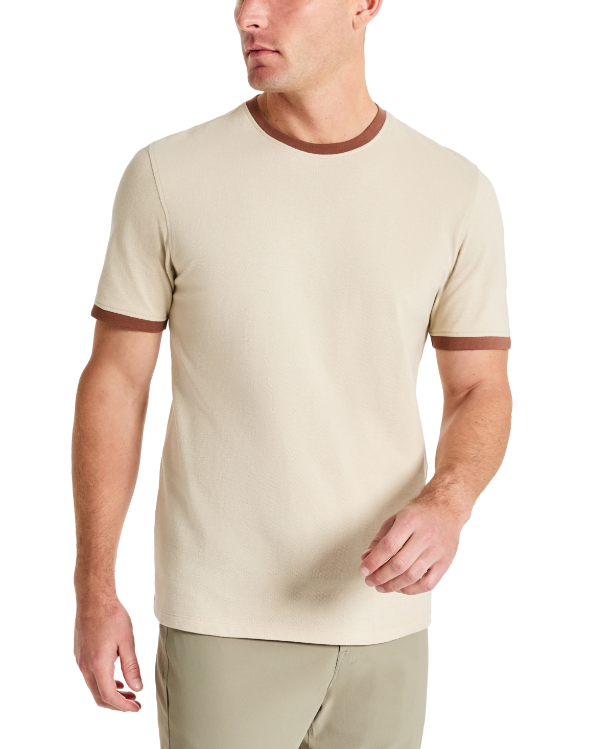 Men's Contrast-Trim Textured Short Sleeve T-Shirt - Coral