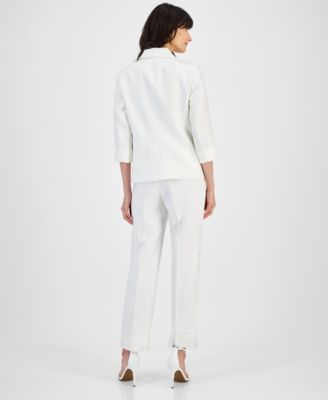 Shop Kasper Womens Solid Square Snap 3 4 Sleeve Jacket Solid Elastic Back Straight Leg Pants In Lily White