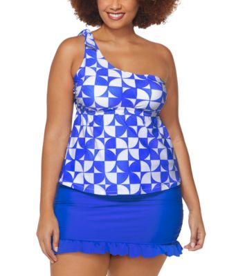 Shop Raisins Curve Trendy Plus Size Marita One Shoulder Tankini Top Echo Tummy Control Full Coverage Swim Skirt In Blue