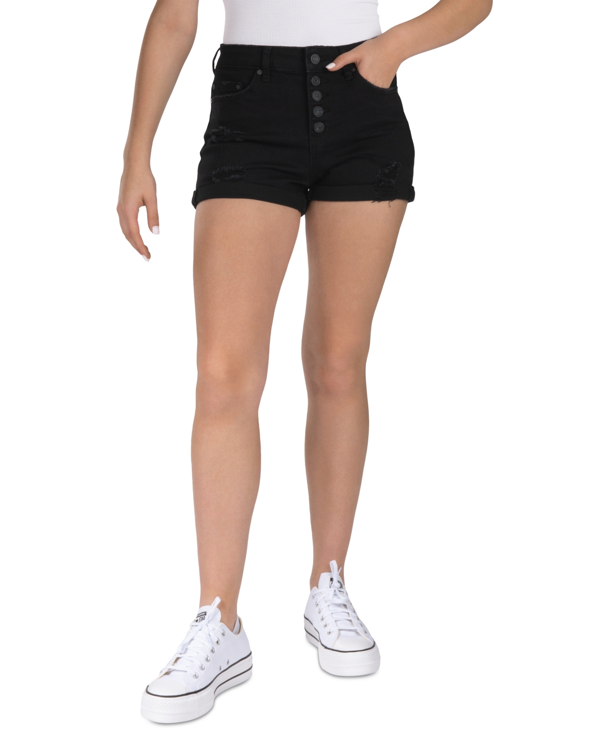 Juniors' Exposed-Fly Destructed Shorts - Black