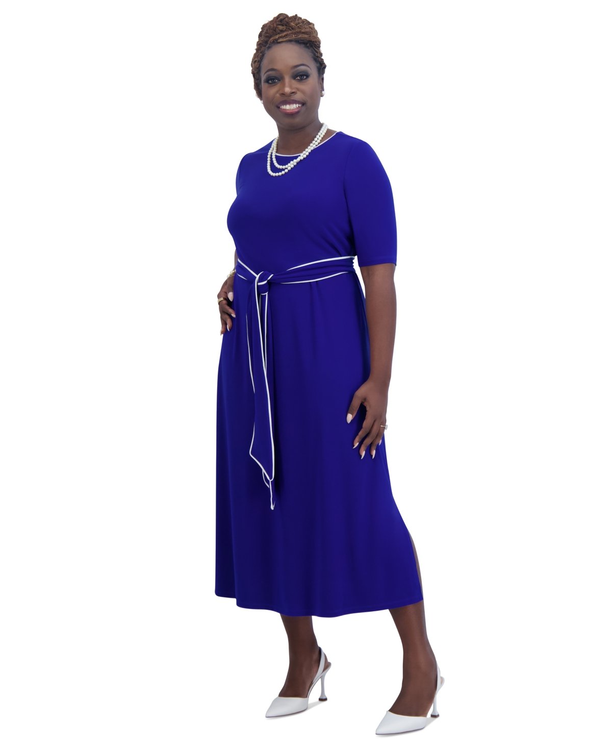 Shop Kasper Women's Contrast-trim Short-sleeve Midi Dress In Royal Sig