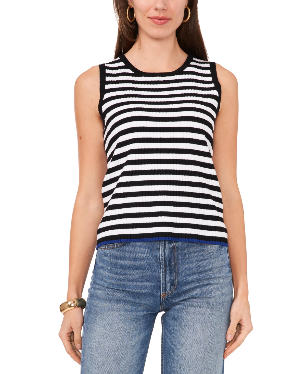 Shop Vince Camuto Women's Striped Ribbed Keyhole-back Sleeveless Sweater In Rich Black