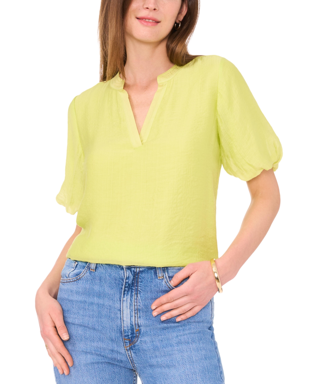 Shop Vince Camuto Women's Split-neck Puff Sleeve Top In Island Lime