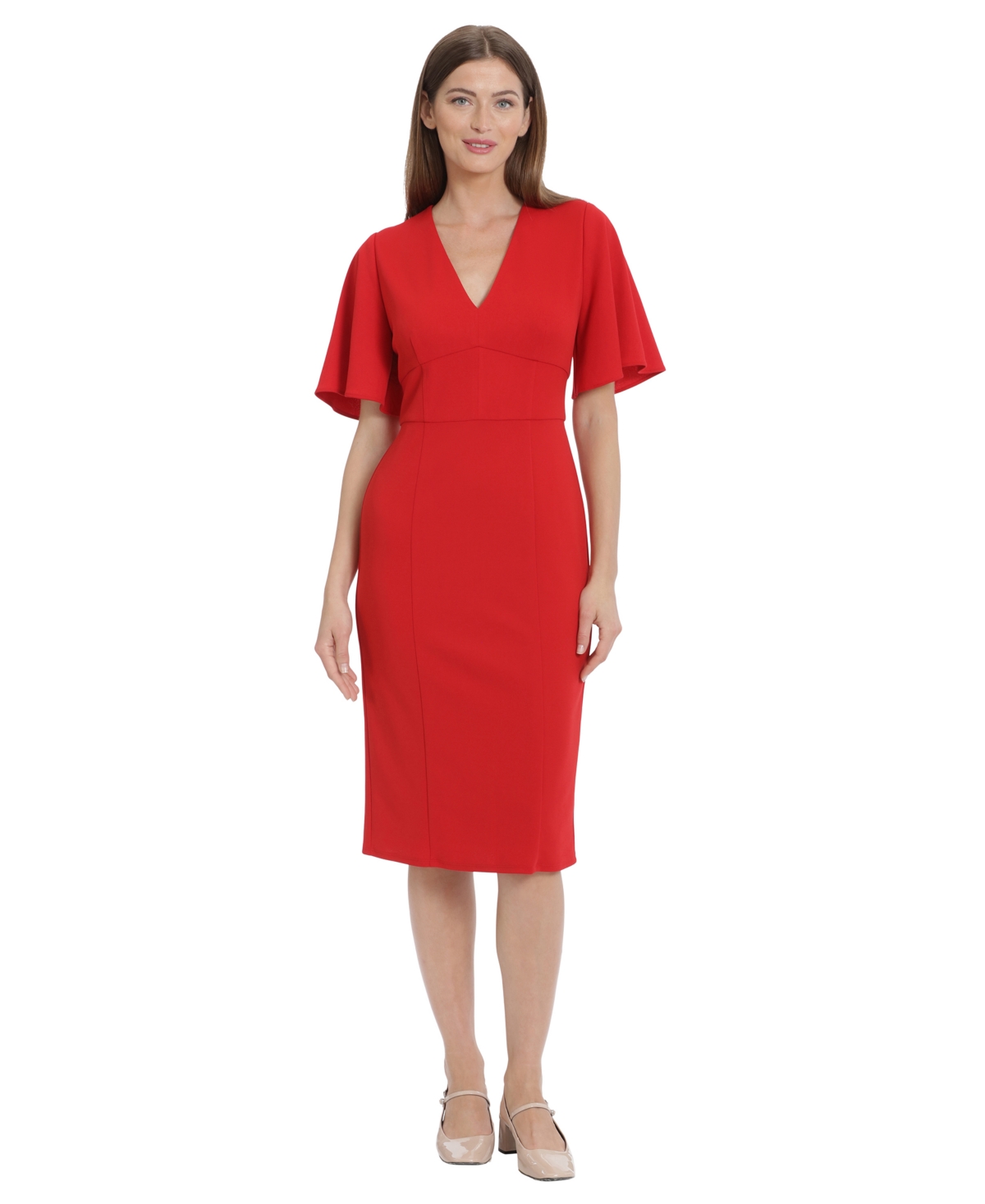 Shop Maggy London Women's Crepe Flutter-sleeve Midi Dress In Racing Red