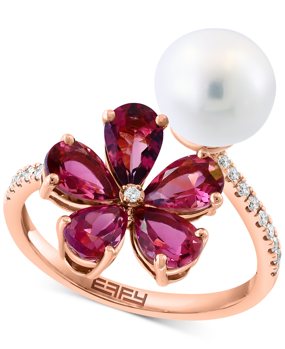 Effy Freshwater Pearl (8mm), Pink Tourmaline (5-1/2 ct. t.w.) & Diamond (1/8 ct. t.w.) Flower Bypass Ring in 14k Rose Gold - Rose Gld