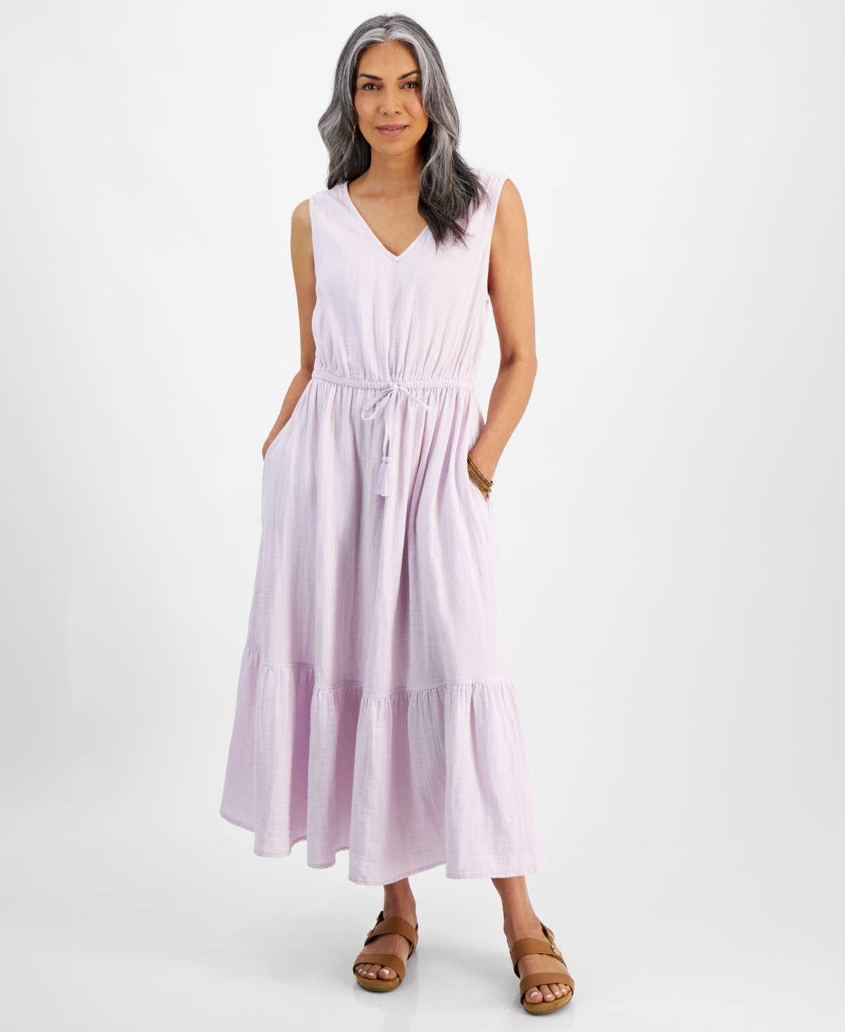 Shop Style & Co Women's Cotton Gauze V-neck Midi Dress, Created For Macy's In Lavender Fog
