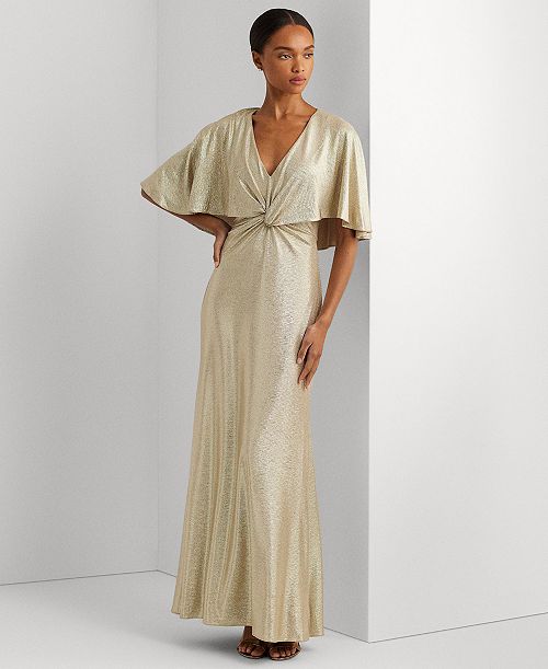 alfani Lauren Ralph Lauren Women's Twist-Front Cape-Overlay Gown Women's Fashion Shoes & Accessories