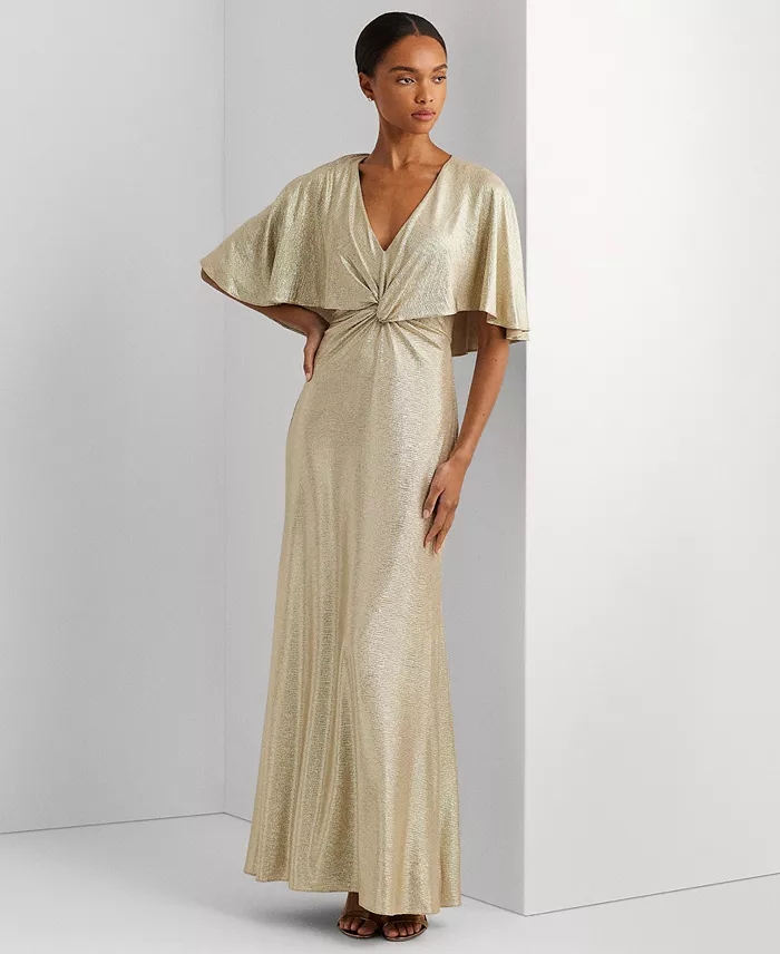 Lauren Ralph Lauren Women's Twist-Front Cape-Overlay Gown