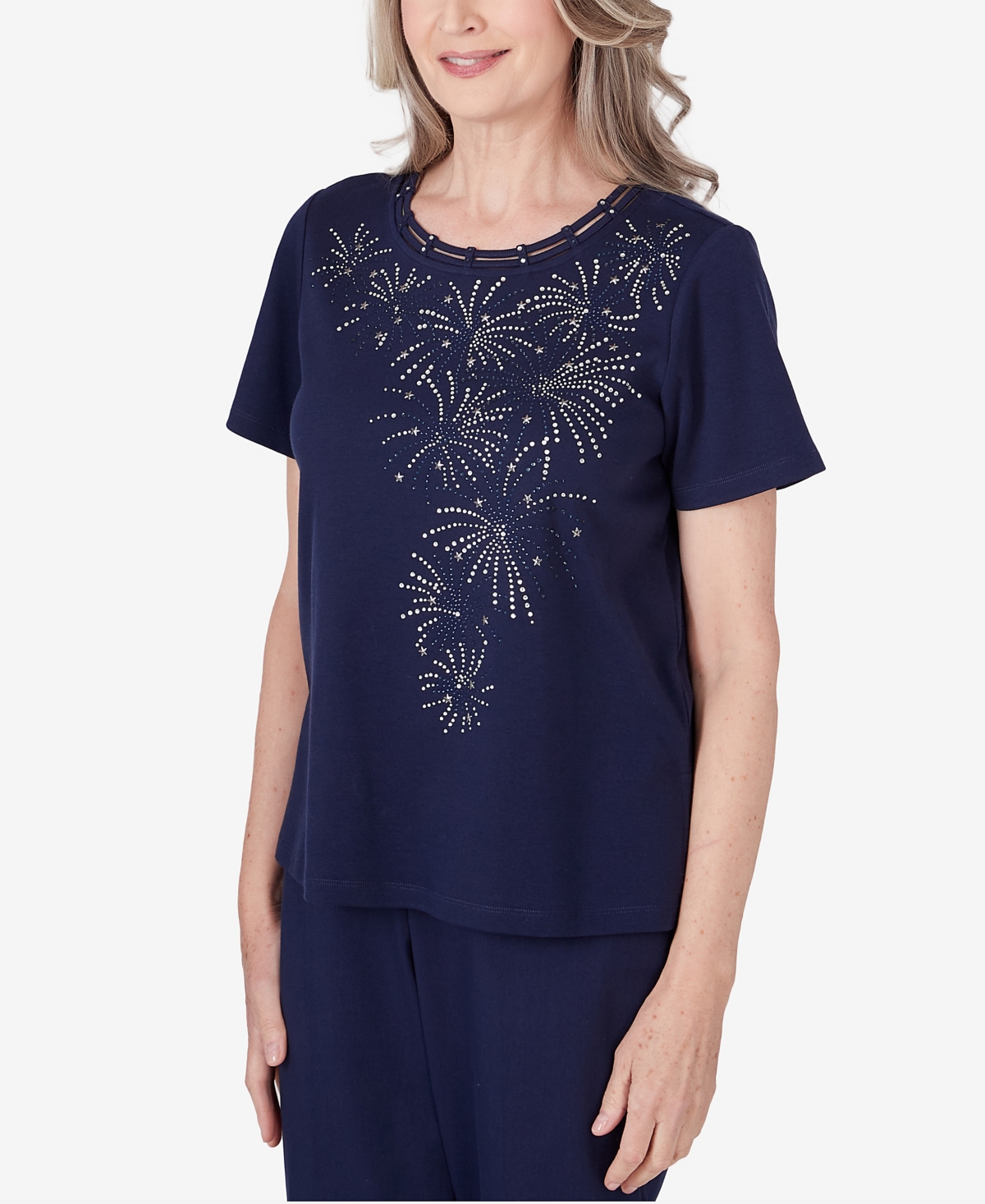 Shop Alfred Dunner Petite All American Embellished Beaded Firework Top In Navy