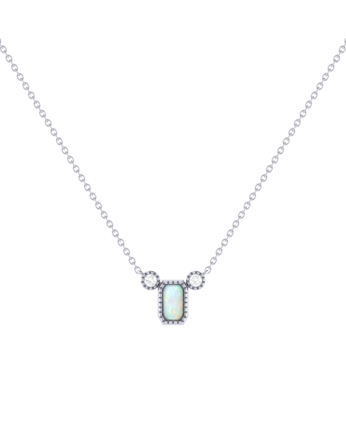 Emerald Cut Opal Gemstone, Natural Diamond 14K White Gold Birthstone Necklace - Silver