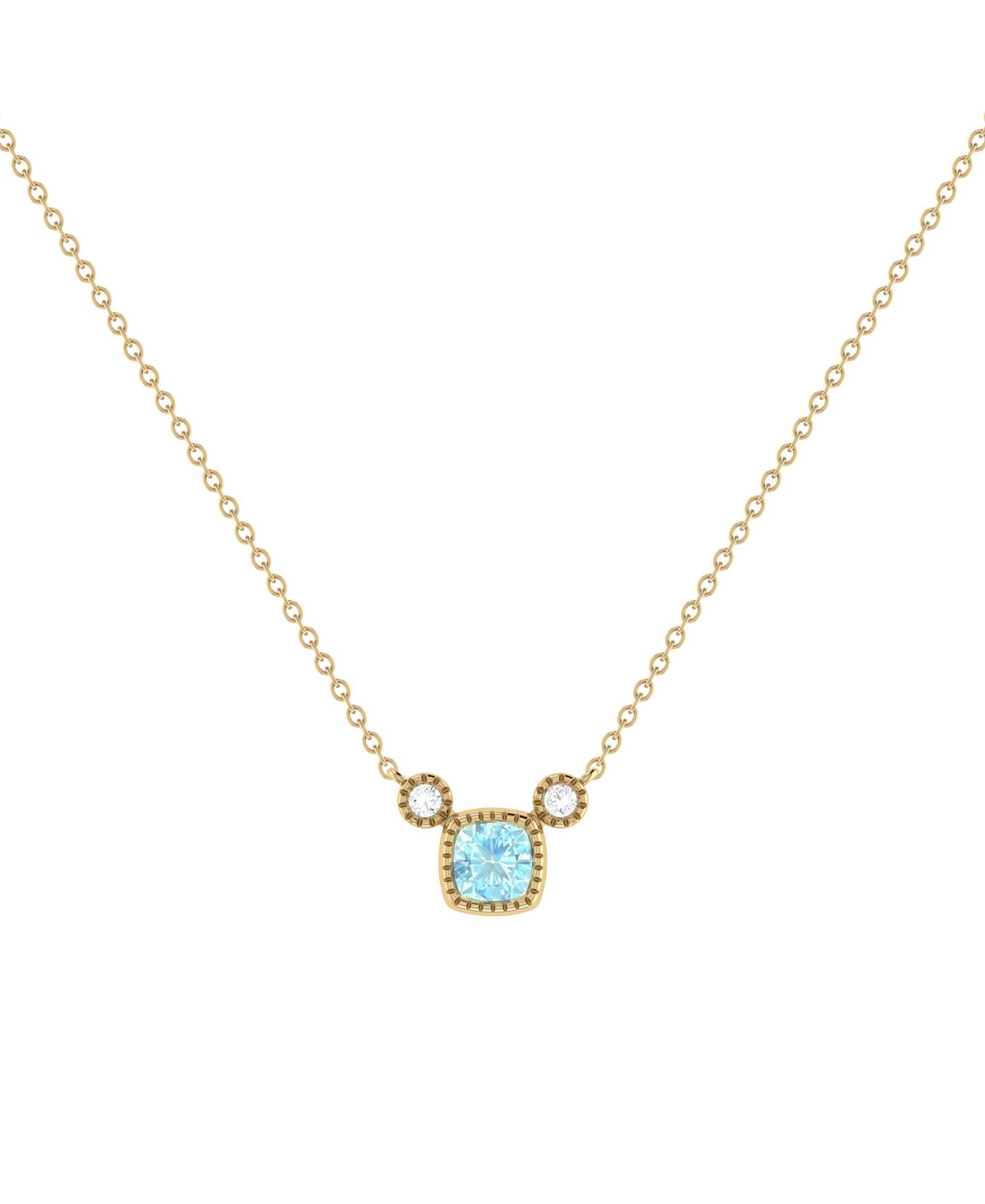 Cushion Cut Aquamarine Gemstone, Natural Diamond 14K Yellow Gold Birthstone Necklace - Yellow
