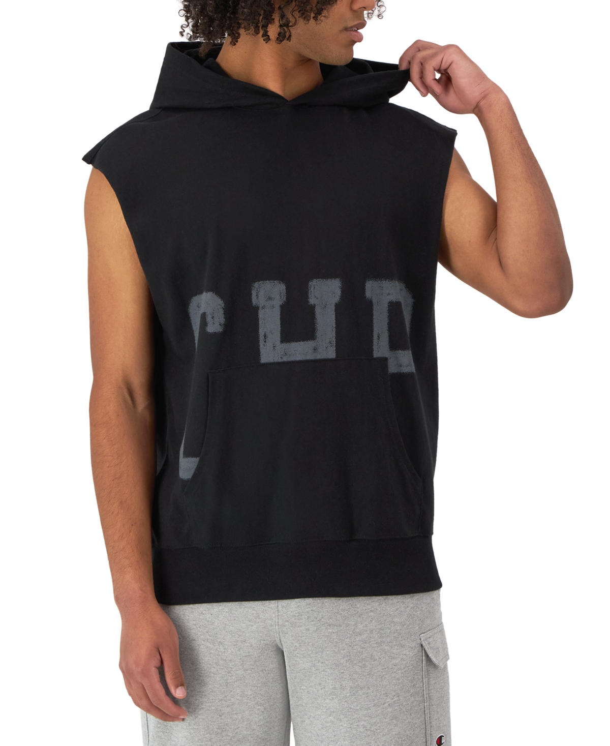 Men's Relaxed Fit Middleweight Sleeveless Logo Hoodie - Black