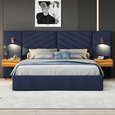 Royal Blue Velvet Wingback Bed Frame - Queen Size