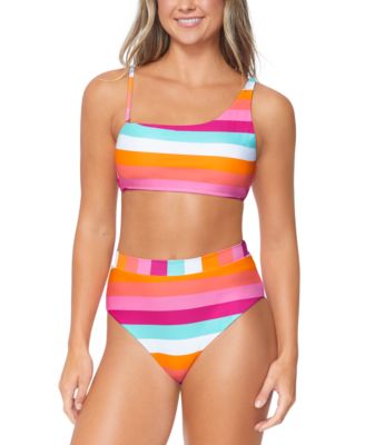 Shop Raisins Juniors Shine On Striped Asymmetric Bikini Top High Waisted Bottoms In Multi Color