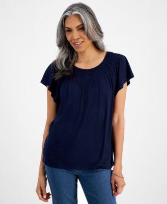 Women's Short-Sleeve Smocked-Neck Knit Top, Created for Macy's
