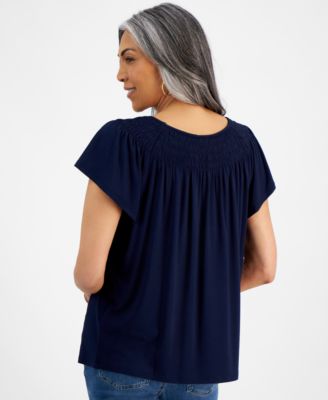 Women's Short-Sleeve Smocked-Neck Knit Top, Created for Macy's