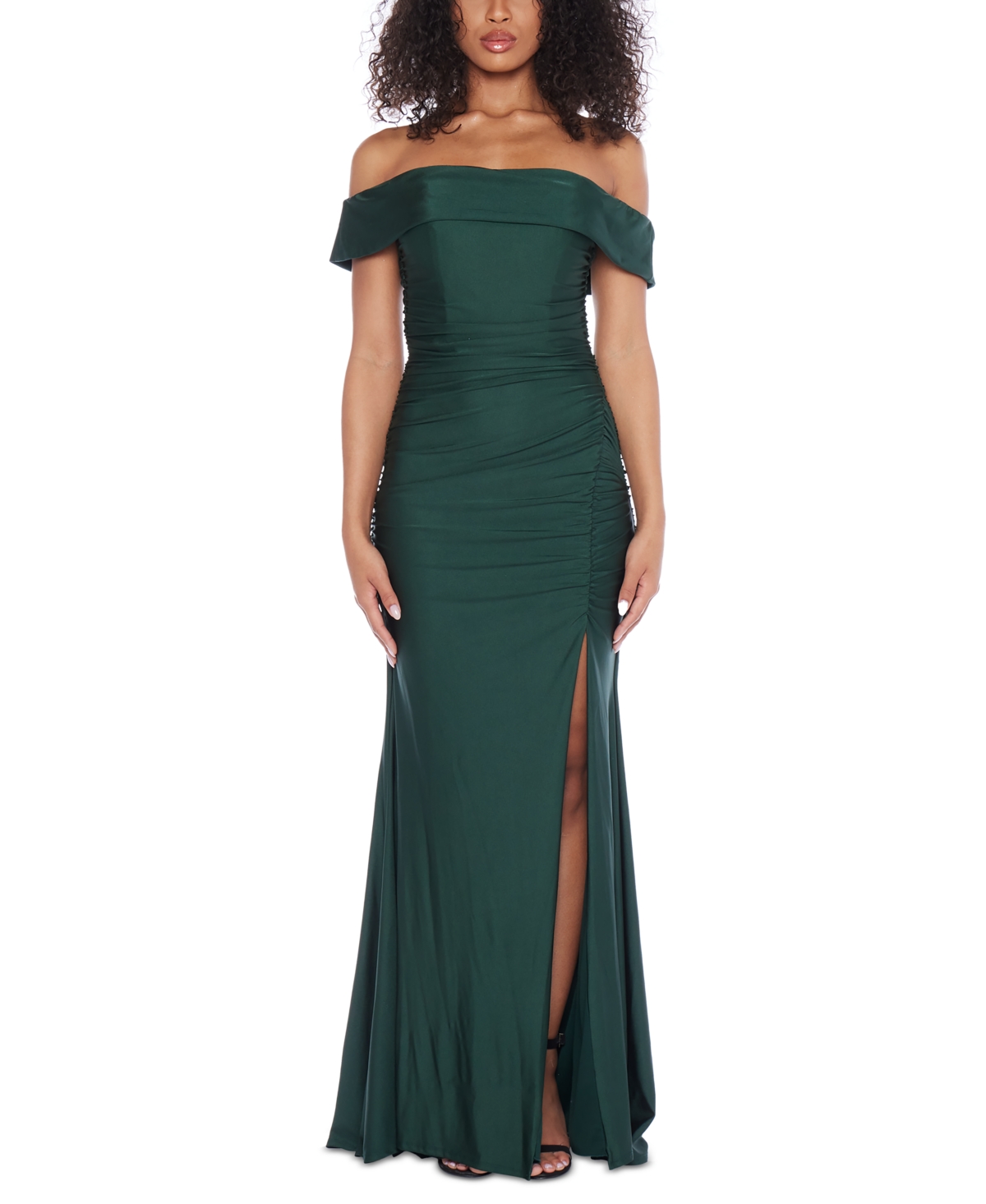 Juniors' Ruched Off-The-Shoulder Gown - Hunter