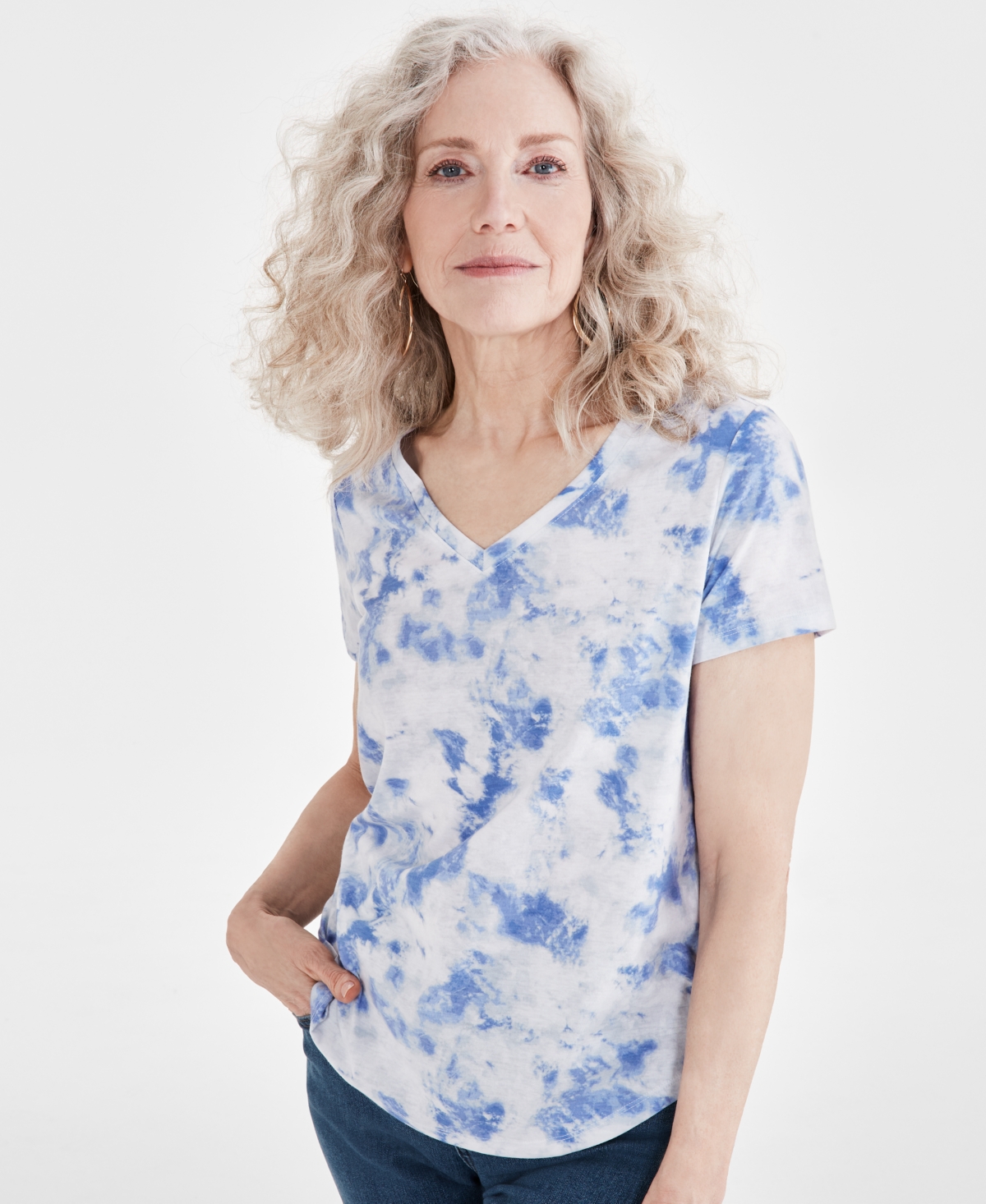 Shop Style & Co Women's Tie-dye V-neck T-shirt, Created For Macy's In Blue Dye