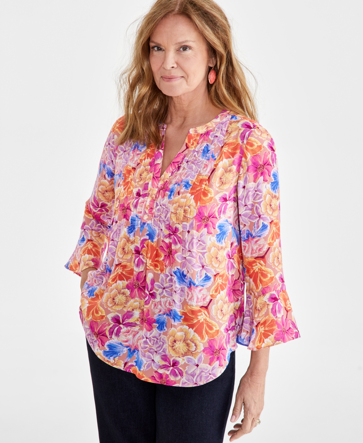 Women's Printed Pintuck Ruffle Sleeve Top, Created for Macy's - Gigi Wine Blush