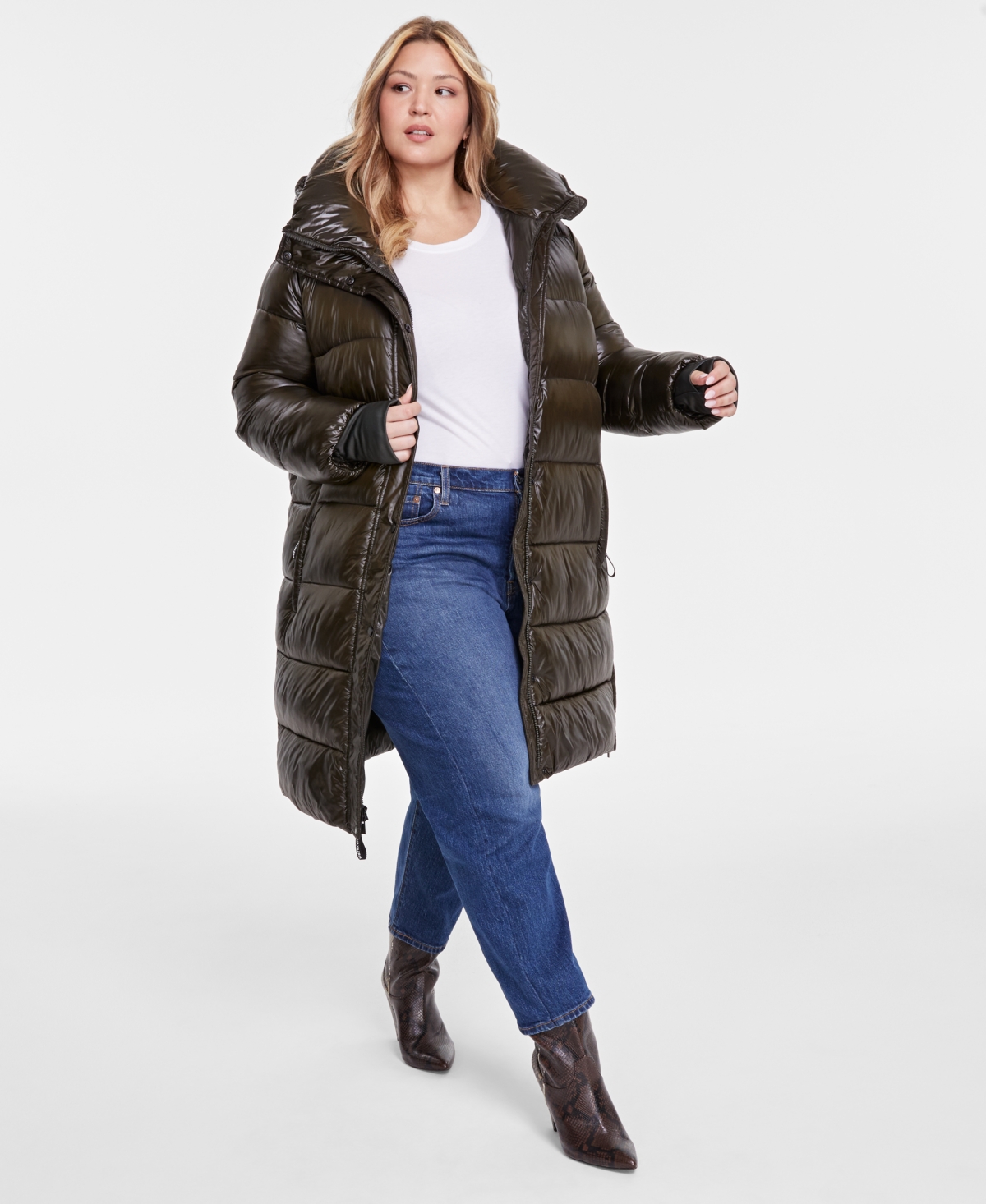 Bcbgmaxazria Plus Size Hooded Pillow-collar Puffer Coat In Shiny Dark Olive