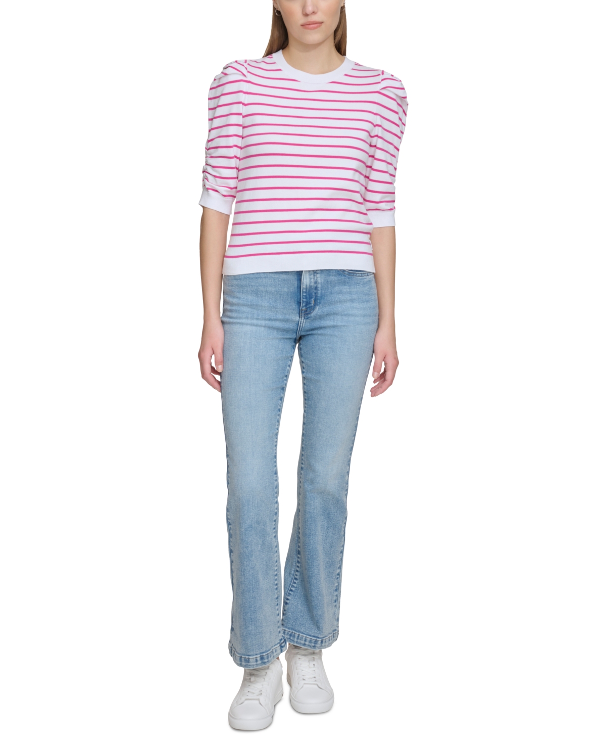 Dkny Jeans Women's Striped Ruched-sleeve Crewneck Top In White,shocking Pink