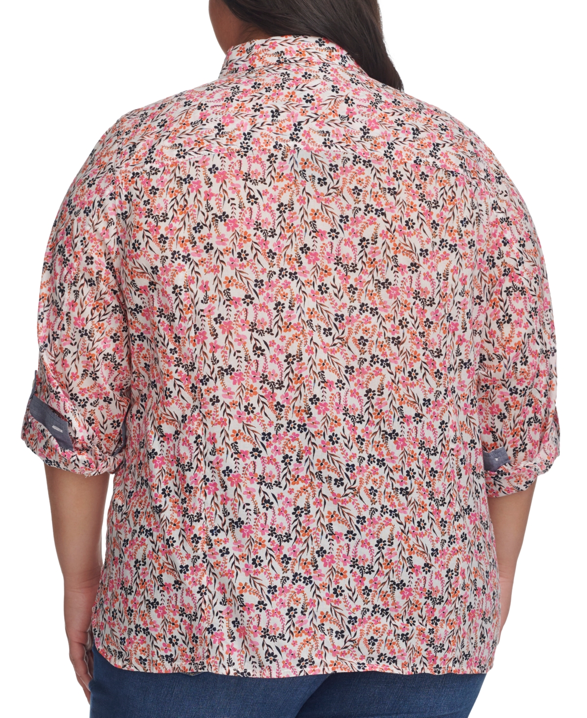 Shop Tommy Hilfiger Plus Size Floral Roll-tab Button-up Shirt In Bright White,dahlia