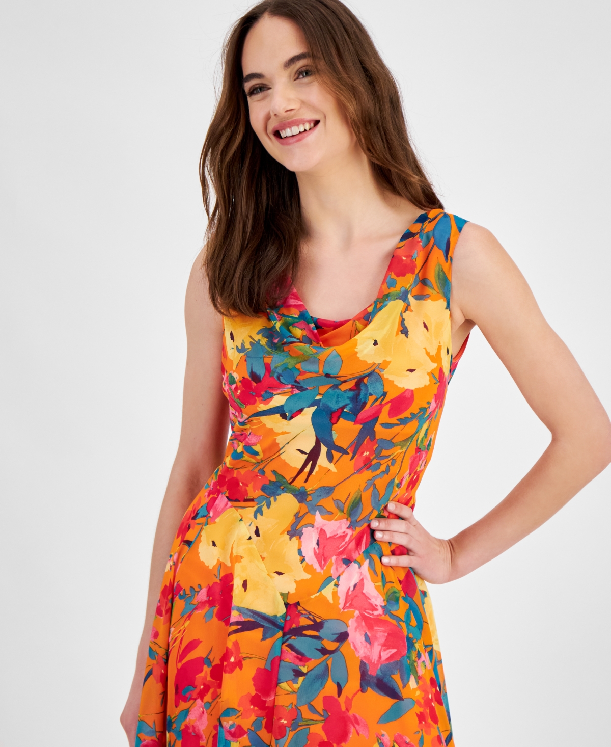 Shop Robbie Bee Women's Sleeveless Cowlneck Fit & Flare Dress In Orange