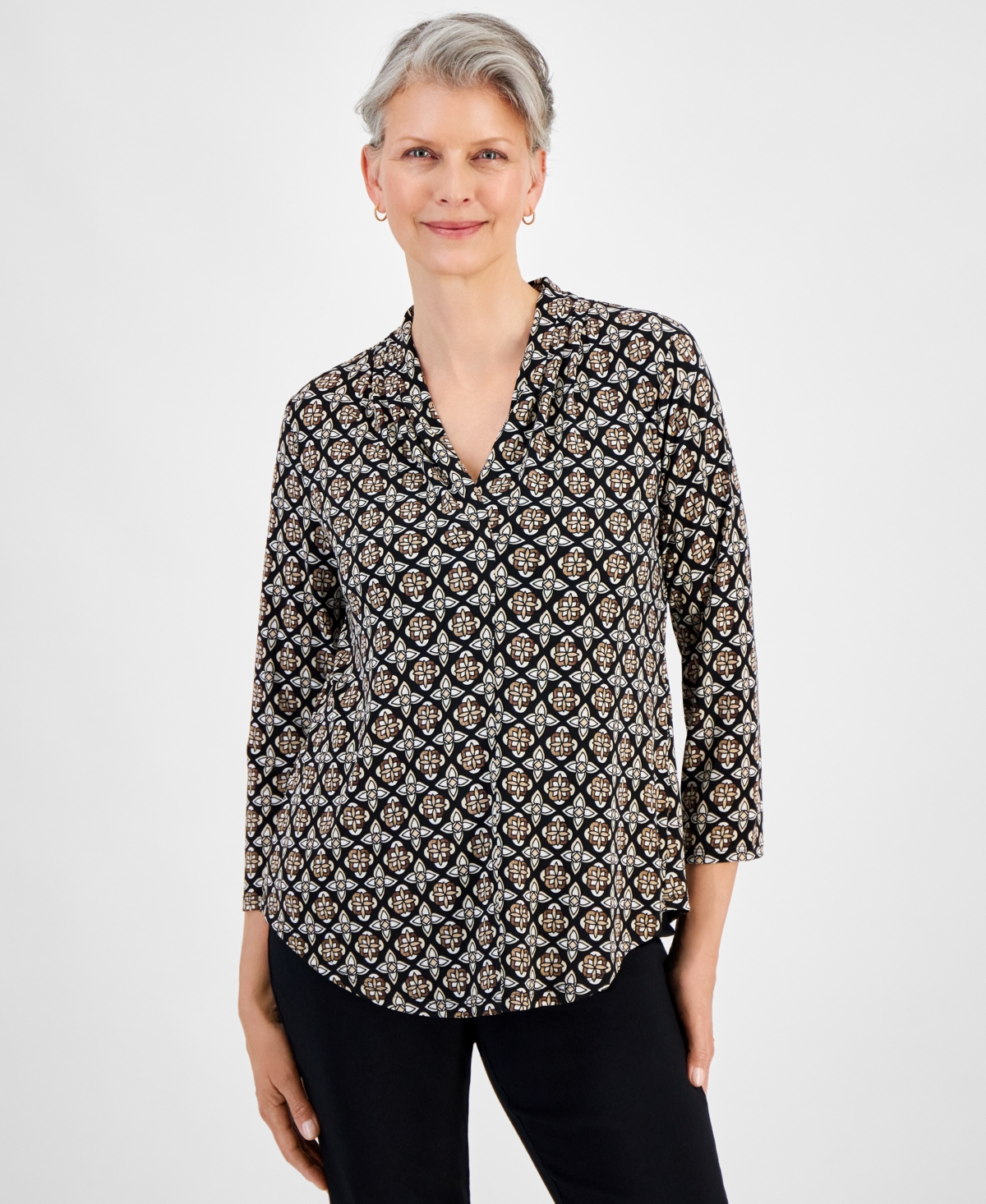Women's Printed 3/4 Sleeve Pleated-Neck Top, Created for Macy's - Deep Black Combo