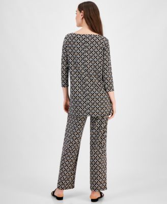 Shop Jm Collection Womens Printed 3 4 Sleeve Top Pants Created For Macys In Deep Black Combo