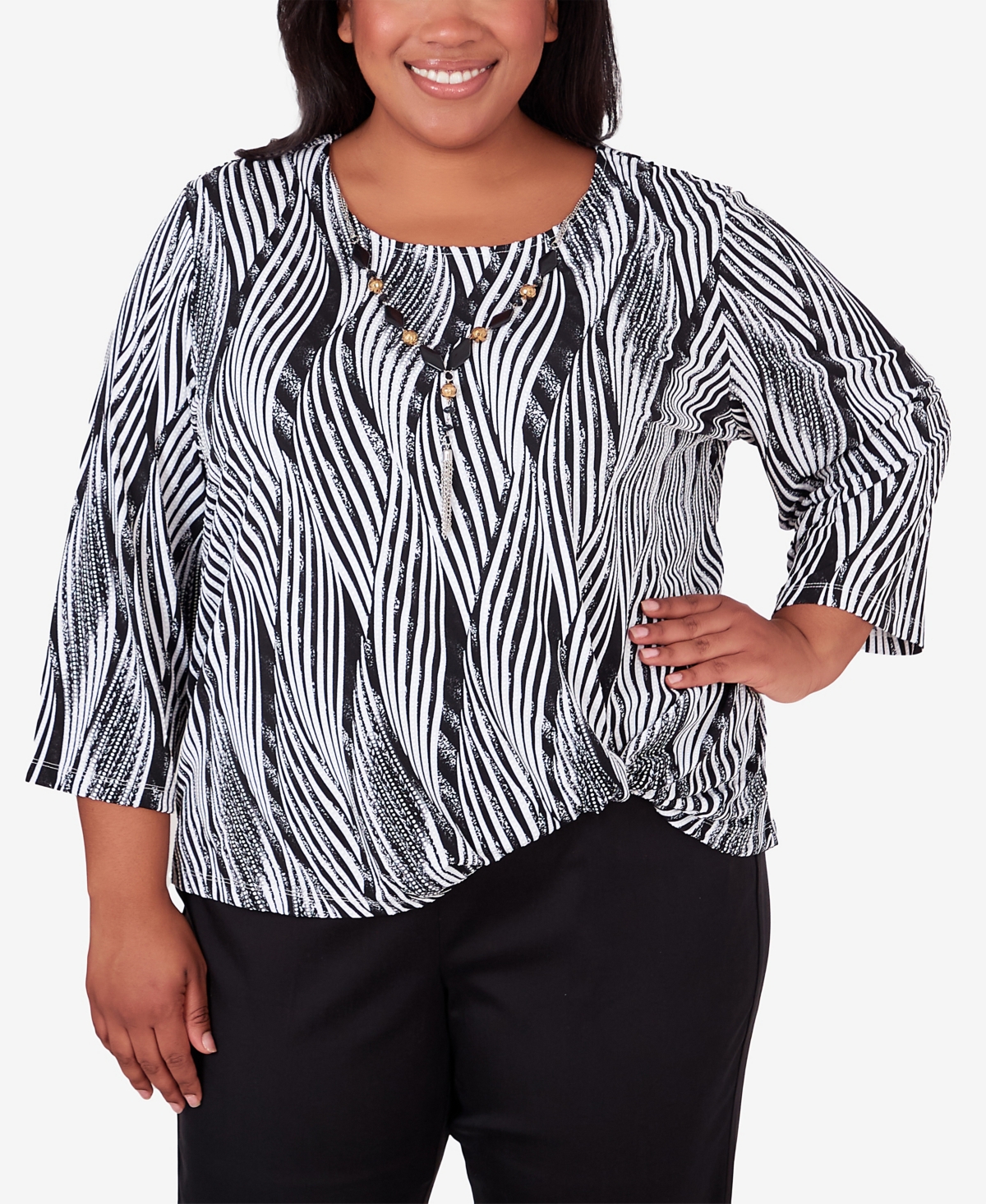 Alfred Dunner Plus Size Opposites Attract Swirl Top With Necklace In Multi
