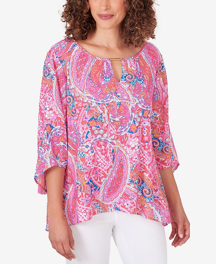 Ruby Rd. Petite Turkish Split Neck Gauze Top - Macy's