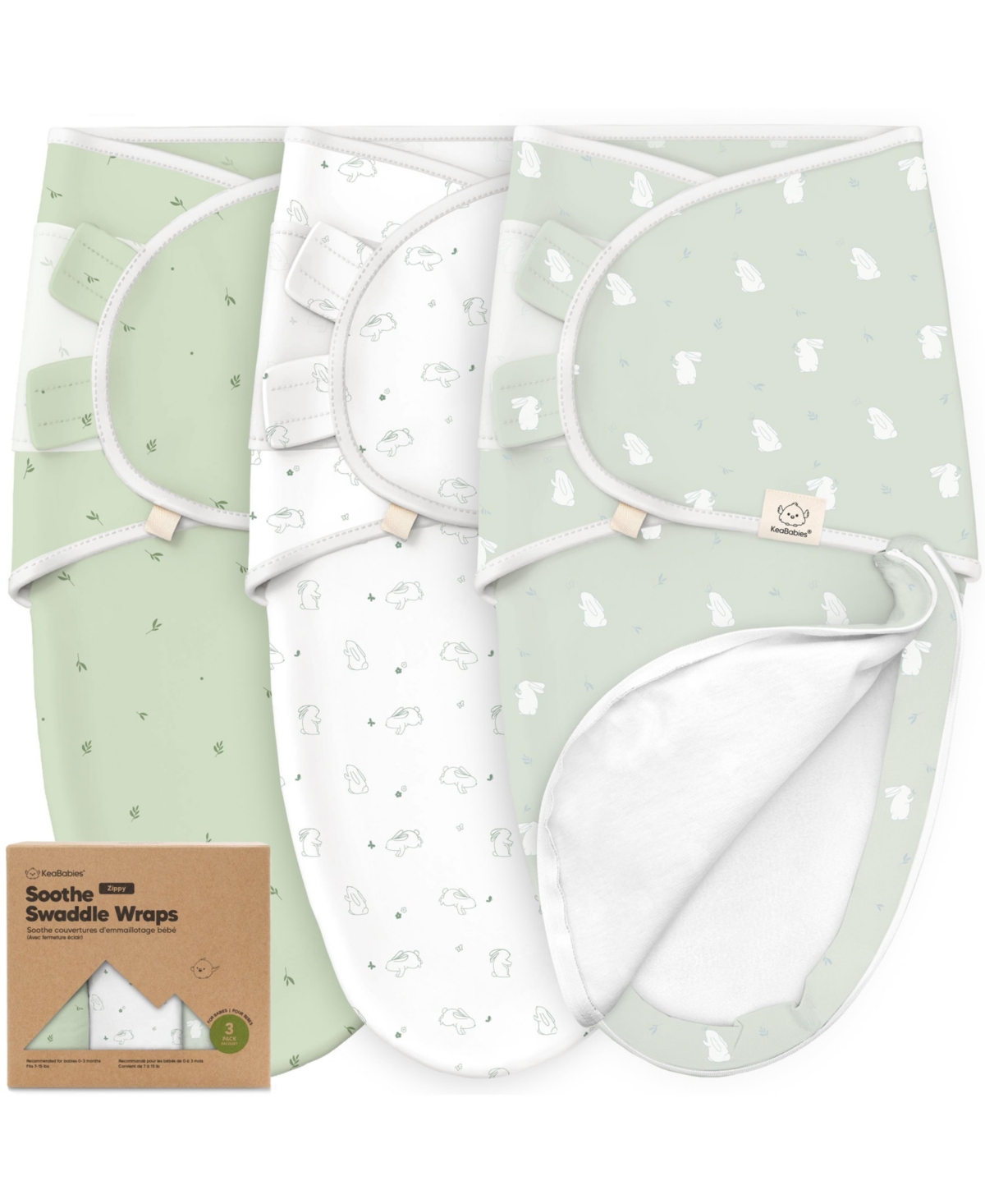 3pk Soothe Zippy Baby Swaddles 0-3 Months, Newborn Sleep Sacks, Zipper Swaddle, Wearable Swaddle Blanket - Bunnies