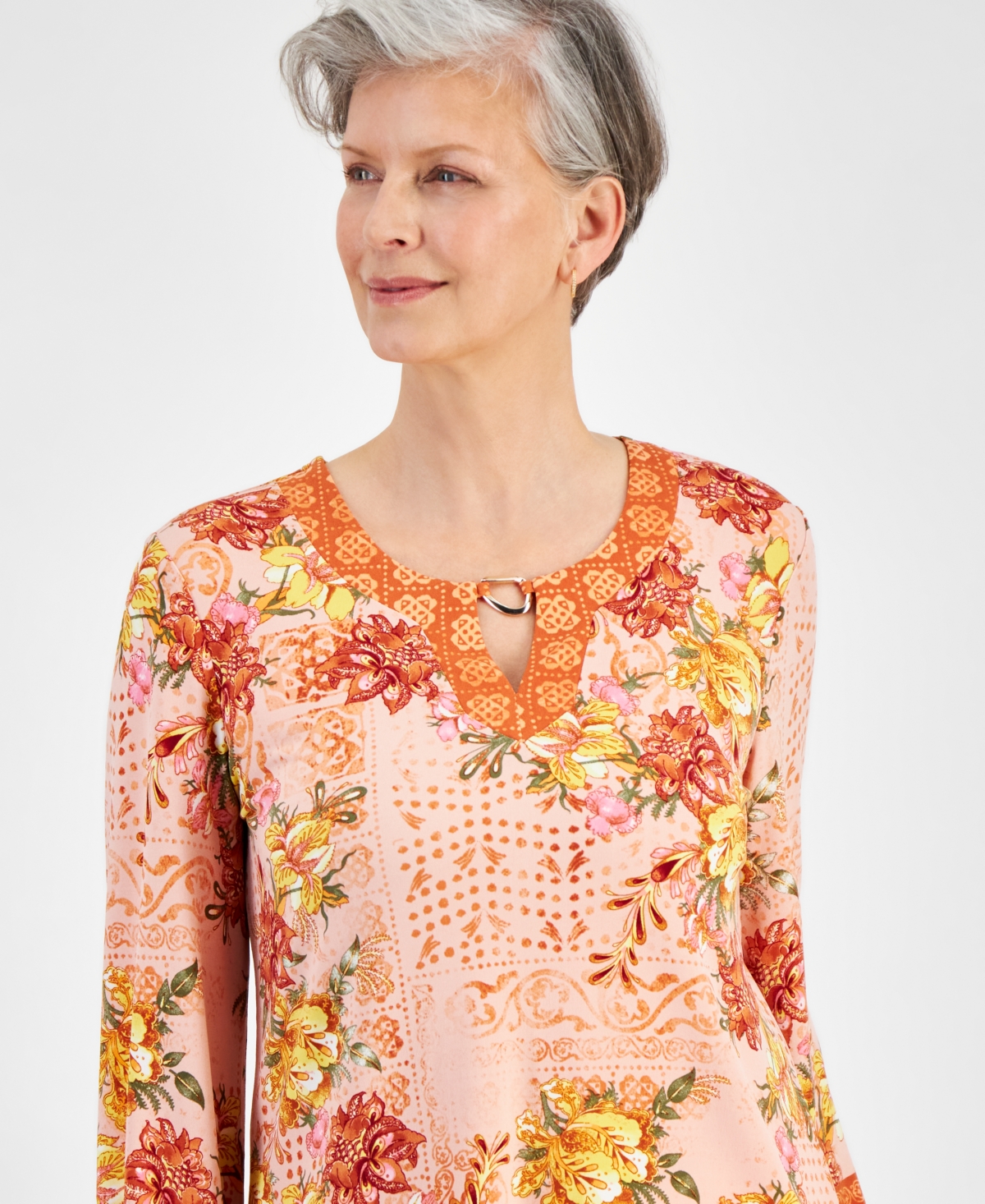 Jm Collection Women's Printed Long Sleeve Hardware-Trim Keyhole Top, Created for Macy's