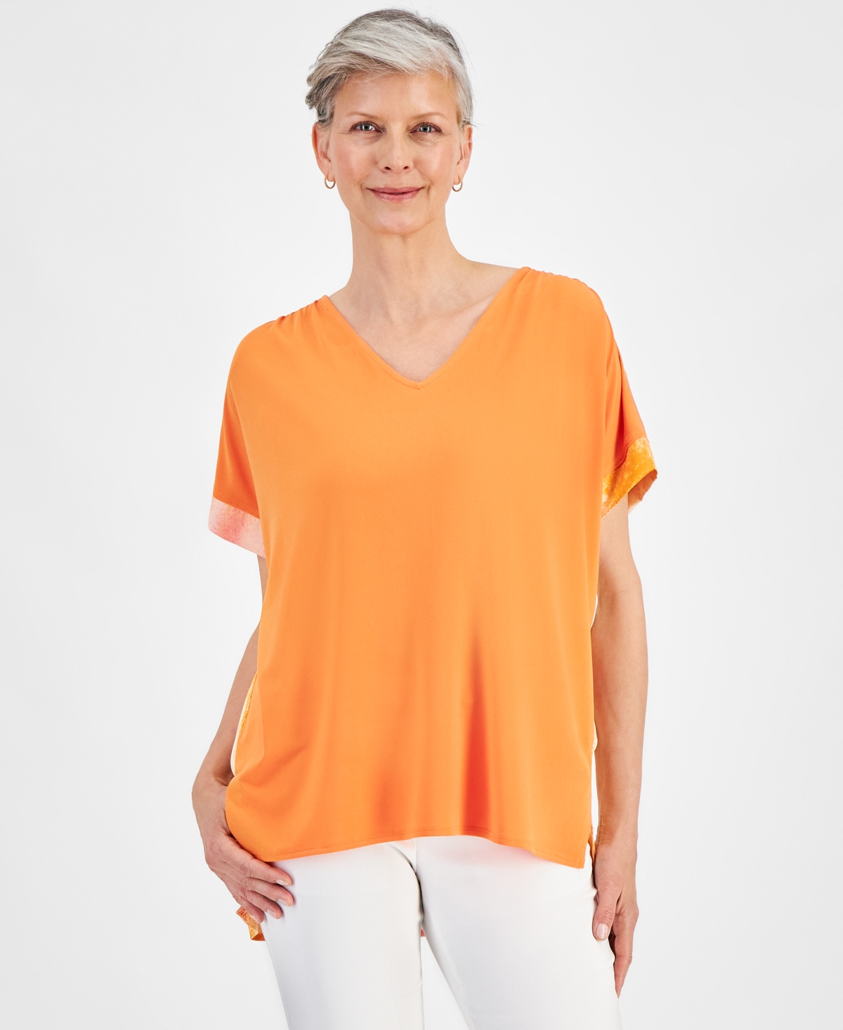 Women's Mixed-Media Short Sleeve Top, Created for Macy's - Cheerful Tan Combo