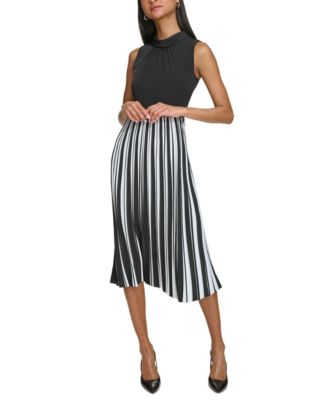 KARL LAGERFELD PARIS - Women's Mock-Neck Sleeveless Striped Pleated Dress