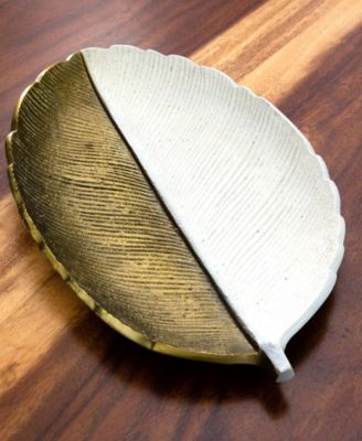 14in. Gold and White Leaf Decorative Accent Tray