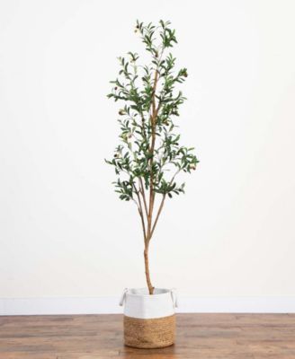 7ft. Artificial Olive Tree with Natural Trunk and Handmade Jute Basket