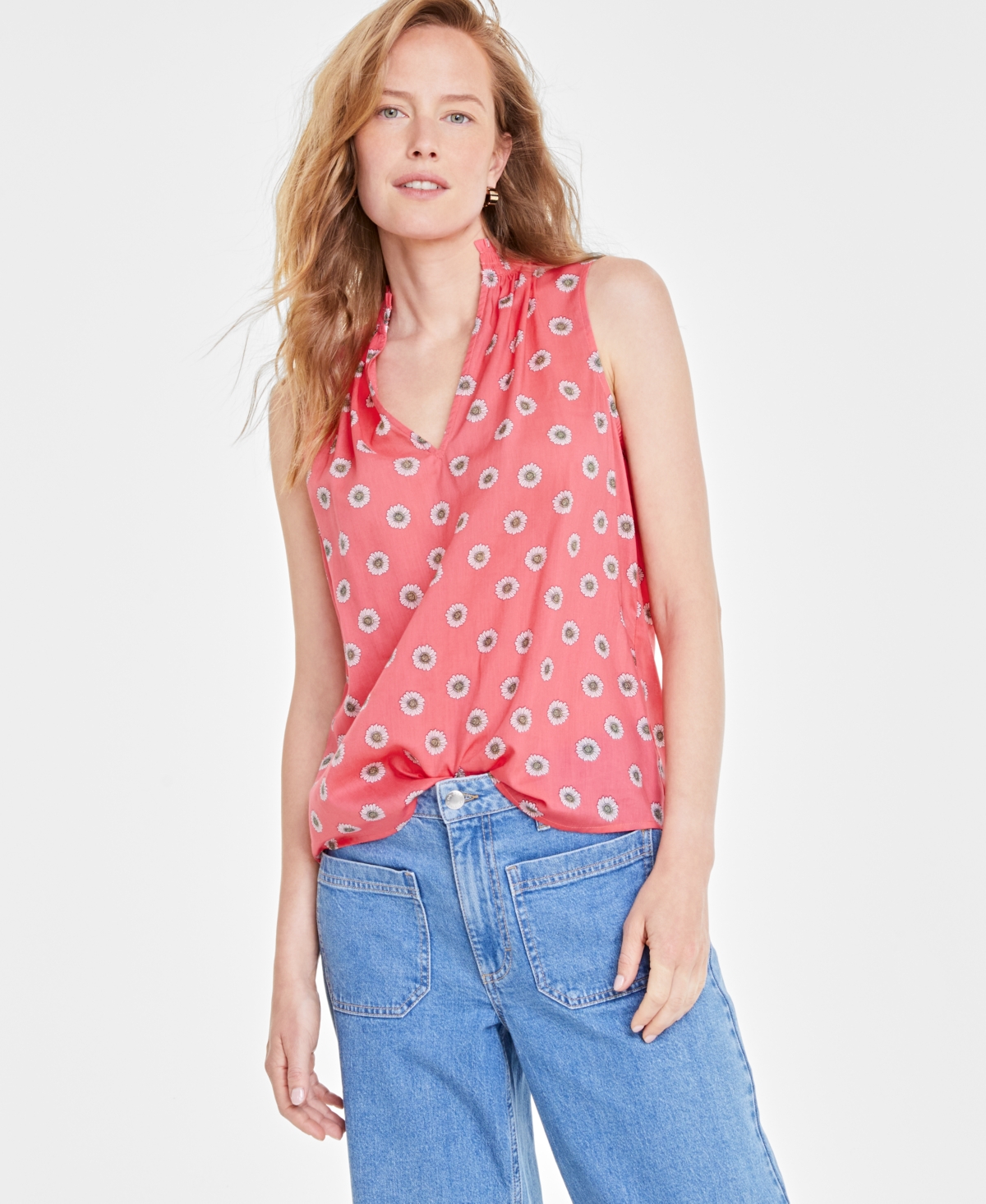 Shop On 34th Women's Sleeveless Ruffle-neck Top, Created For Macy's In Peony Coral Combo