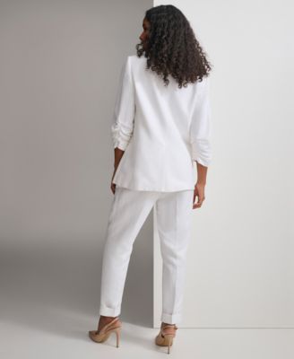 Shop Calvin Klein Petite One Button Scrunch Sleeve Jacket Mid Rise Cuffed Ankle Pants In White
