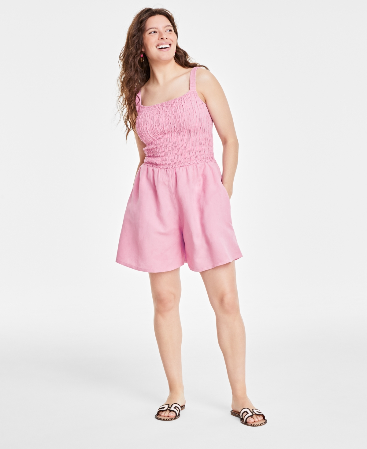 Shop On 34th Women's Linen Smocked Sleeveless Romper, Created For Macy's In Pink Lilac