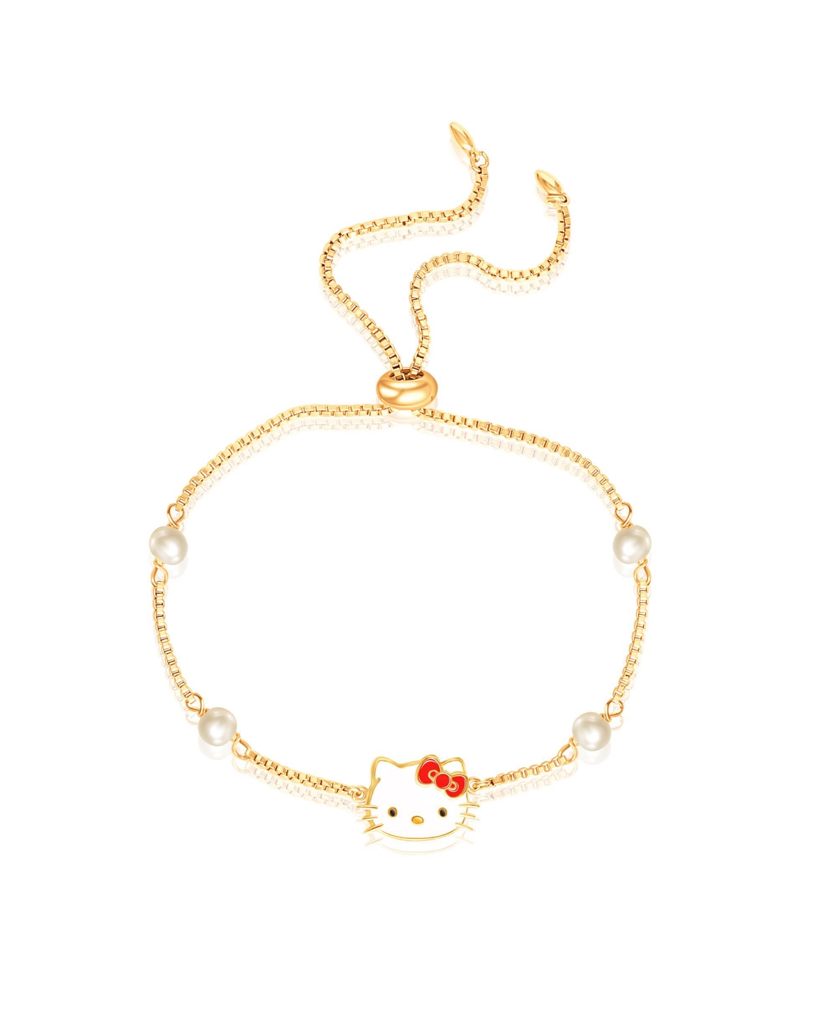 Sanrio Glass Pearl Charm Lariat Bracelet, 9.5'' Box Chain - Gold tone, red
