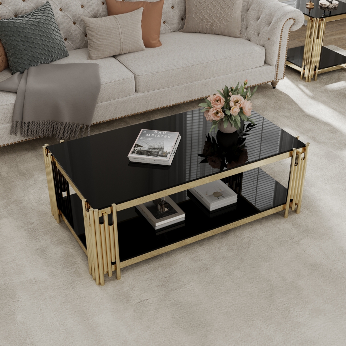 Streamdale Furniture Golden Stainless Steel Double Layer Coffee Table With Black Glass Top