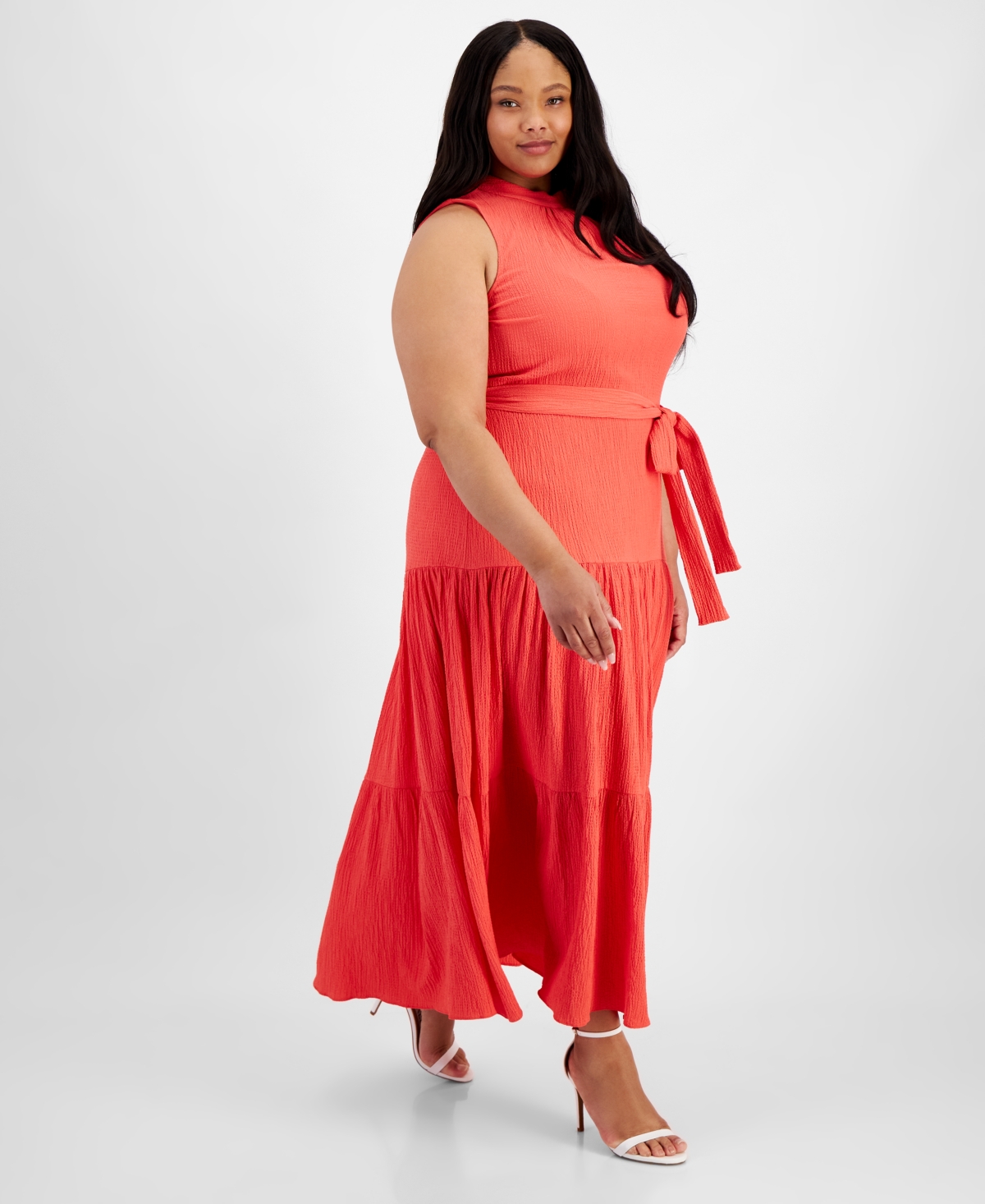 Shop Anne Klein Plus Size Tie-neck Tiered Maxi Dress In Red Pear