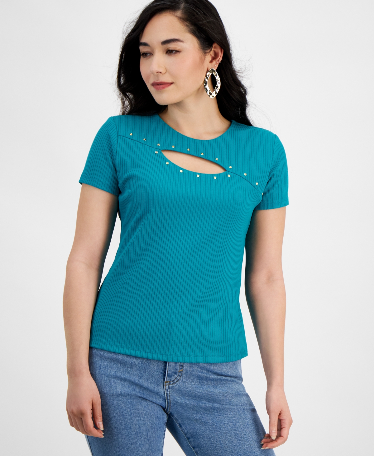 Petite Ribbed Cutout Studded Top, Created for Macy's - Fresco Blue