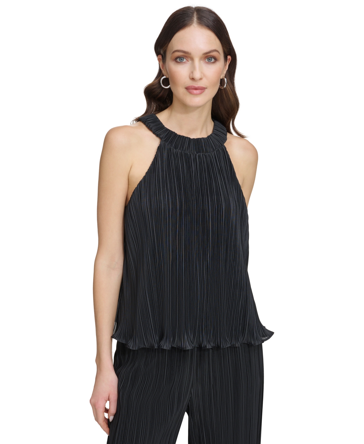 Shop Dkny Women's High-neck Sleeveless Plisse Top In Black